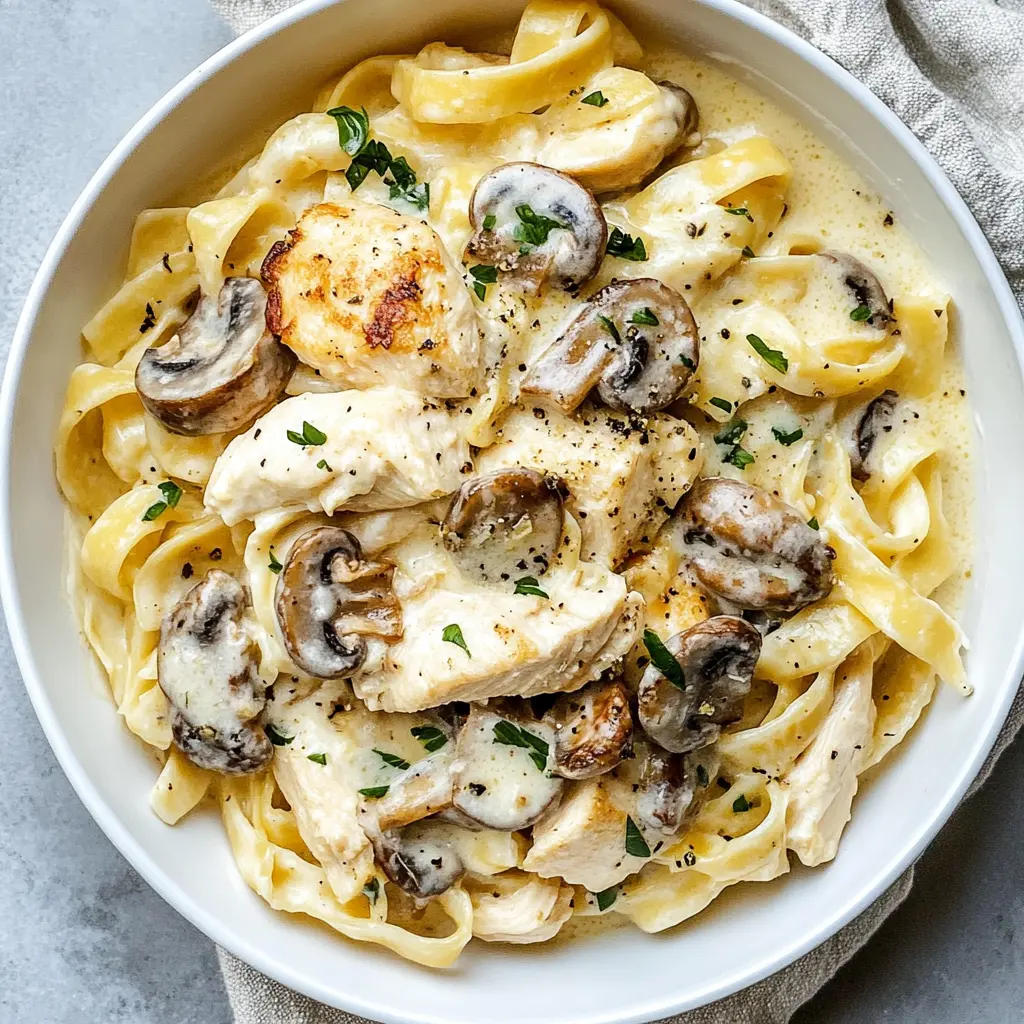 Creamy Chicken Mushroom Fettuccine Alfredo that’s easy to make and perfect for any night! This comforting dish features tender fettuccine noodles, juicy chicken, and earthy mushrooms, all enveloped in a rich Alfredo sauce. Save this recipe for your next family dinner or cozy date night!