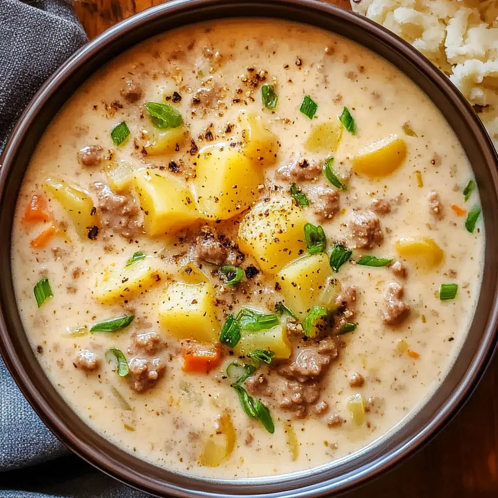 Warm up with this delicious Creamy Hamburger Potato Soup that's perfect for chilly nights! Packed with tender potatoes, savory ground beef, and creamy goodness, it's a comforting bowl of joy. Ideal for family dinners or meal prep, this recipe is sure to become a favorite. Save it now for an easy weeknight meal or game day delight!