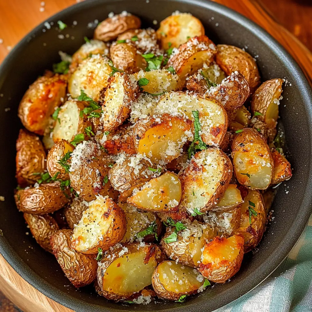 Garlic Parmesan Roasted Potatoes are the perfect side dish for any meal! Crispy on the outside and tender on the inside, these potatoes are tossed in garlic, olive oil, and a sprinkle of Parmesan cheese that adds a tasty twist. Save this recipe to impress your family at dinner or bring it along to your next gathering!