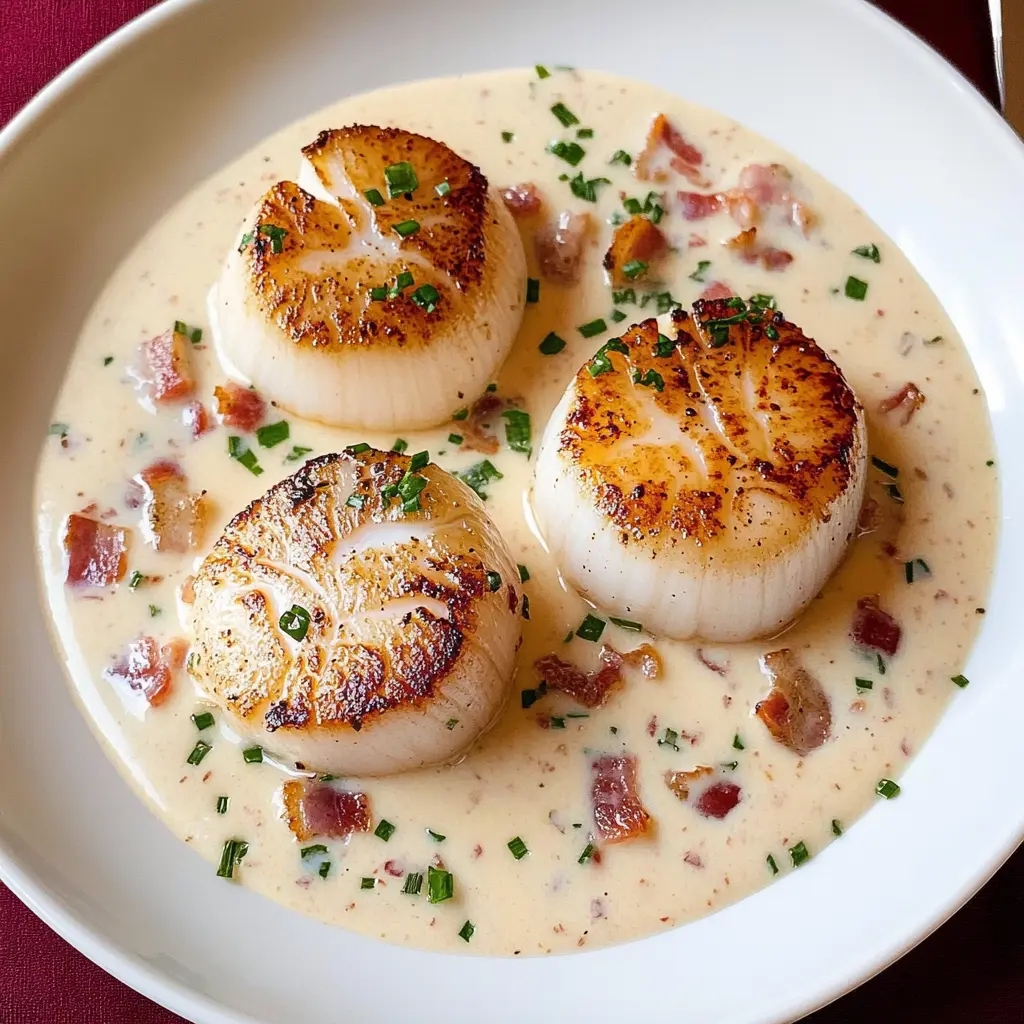 Get ready to impress with this Pan Seared Scallops with Bacon Cream Sauce! Sweet, tender scallops are perfectly seared and paired with a rich, smoky bacon cream sauce that takes this dish to a whole new level. Ideal for date nights or special occasions, save this recipe and enjoy a restaurant-quality meal at home!