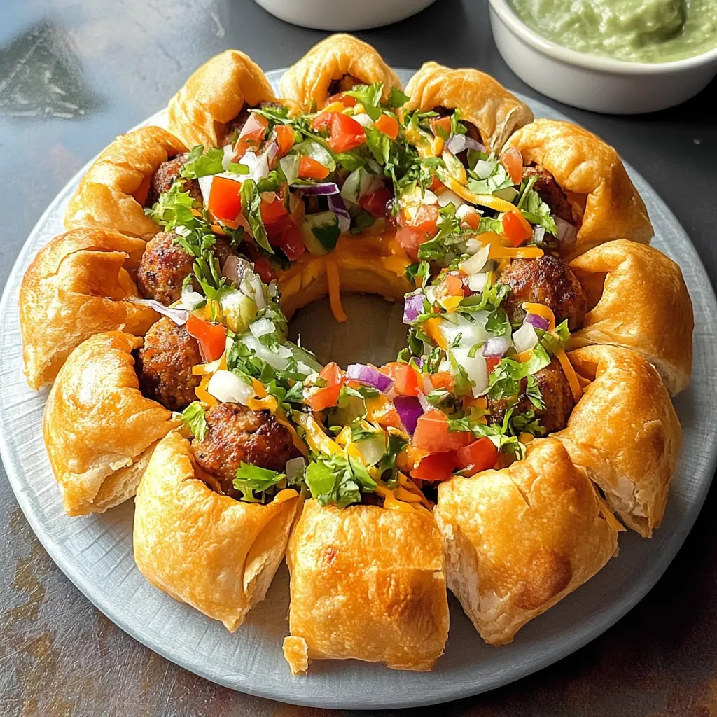 Bring the fiesta to your dinner table with this Taco Meatball Ring! Bursting with flavorful ground beef and zesty taco spices, this unique dish is perfect for gatherings and family meals. Serve it with your favorite toppings like cheese, salsa, and guacamole. Save this recipe for your next taco night or game day celebration! 🍽️🌮