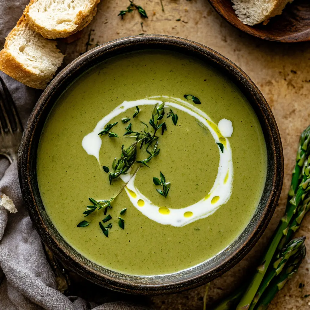 Warm up with this creamy asparagus soup, a perfect blend of fresh asparagus, garlic, and a touch of cream. This delicious and healthy recipe is not only comforting but also elevates your spring menu. Great for lunch or as a starter at dinner! Save this simple soup recipe for your next gathering and treat your guests to something special!