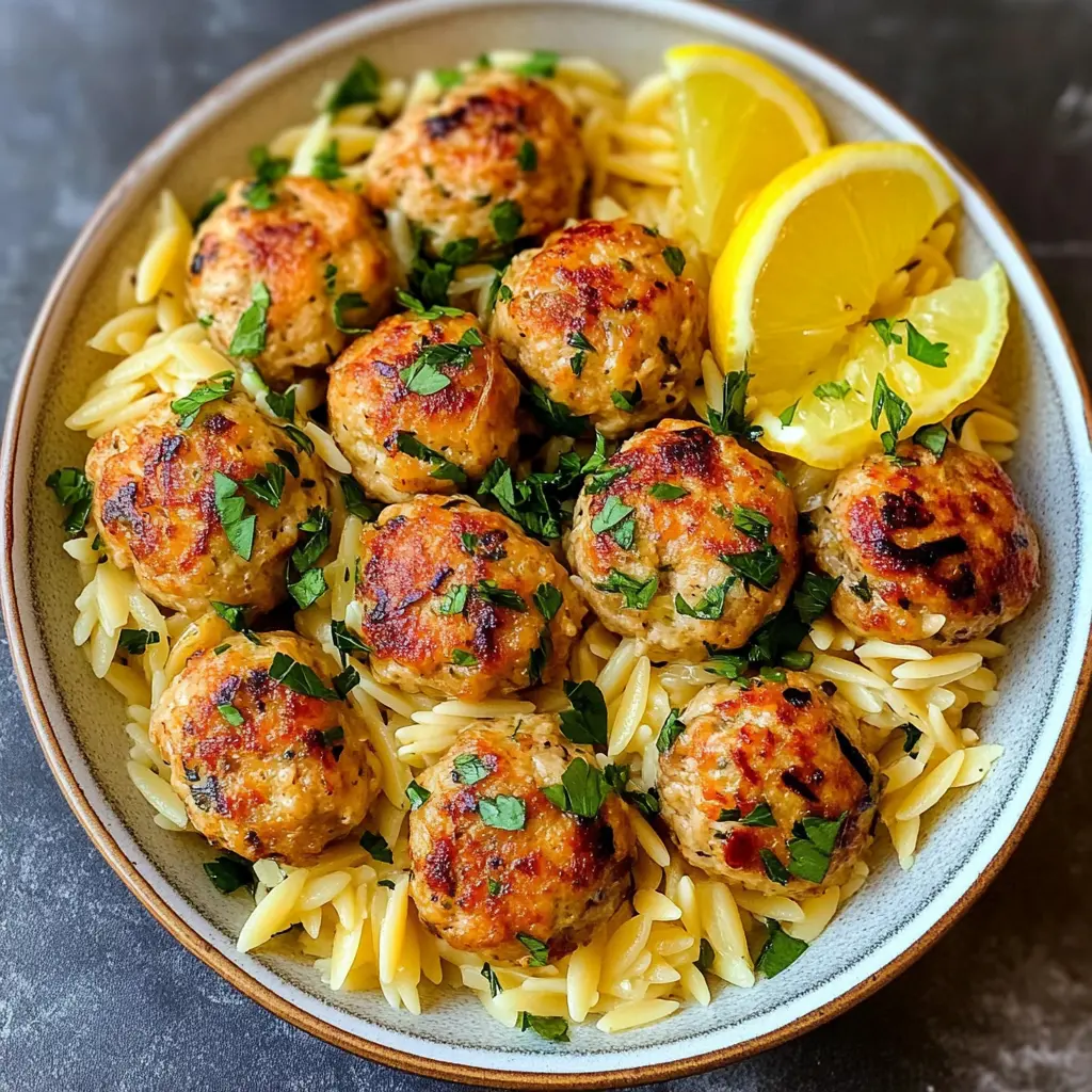 Juicy Greek chicken meatballs take center stage in this flavorful dish, perfectly paired with refreshing lemon orzo. Bursting with herbs and zesty flavors, they're a healthy option for dinner or meal prep. Save this delightful recipe for your next family meal or gathering! You’ll love how easy it is to bring Mediterranean flair to your table!