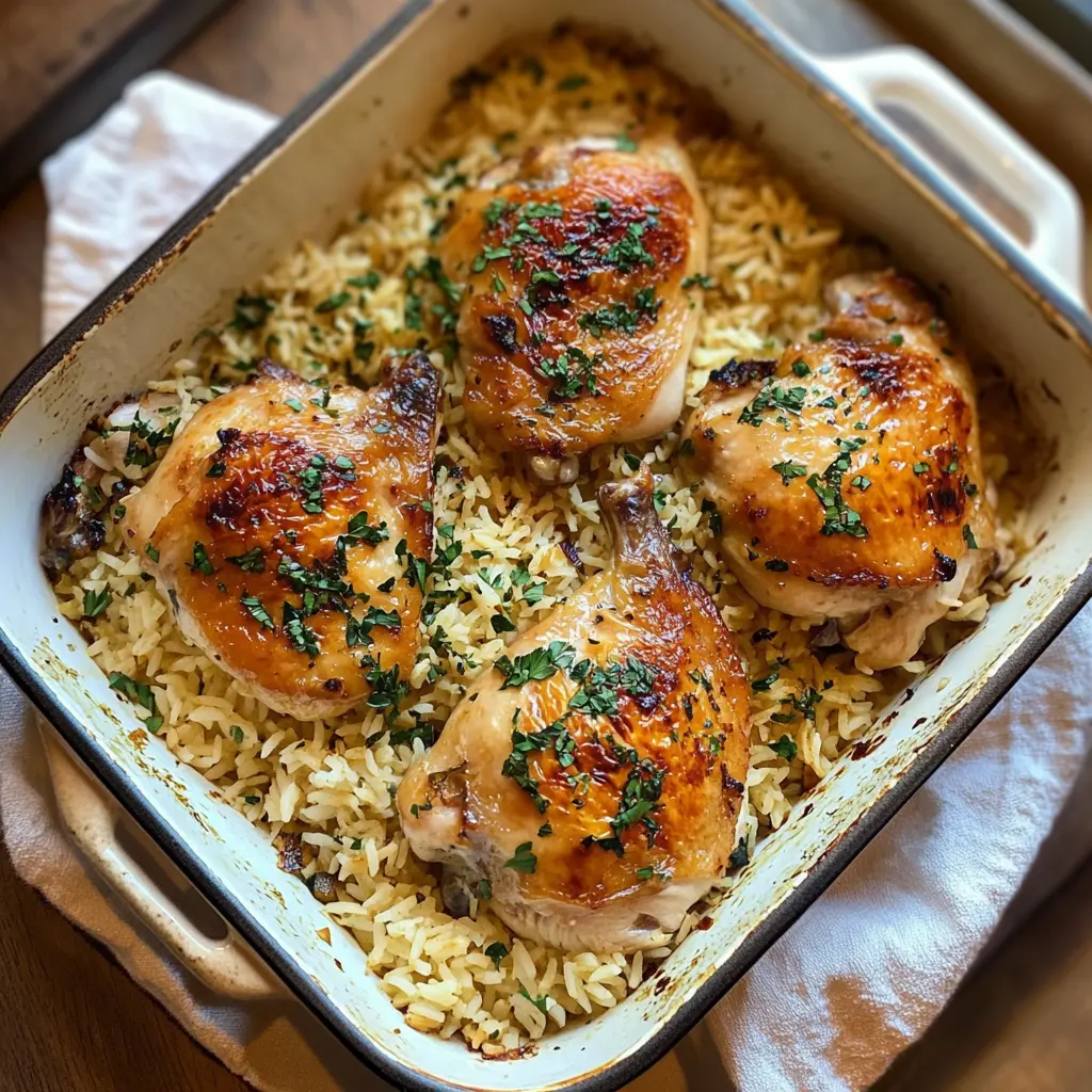 Enjoy a comforting dinner with this Oven Baked Chicken and Rice recipe! Tender chicken thighs are paired with fluffy rice, all infused with savory herbs and spices. This simple one-pan dish is perfect for busy weeknights or family gatherings. Save this recipe to bring warmth to your table any night of the week!